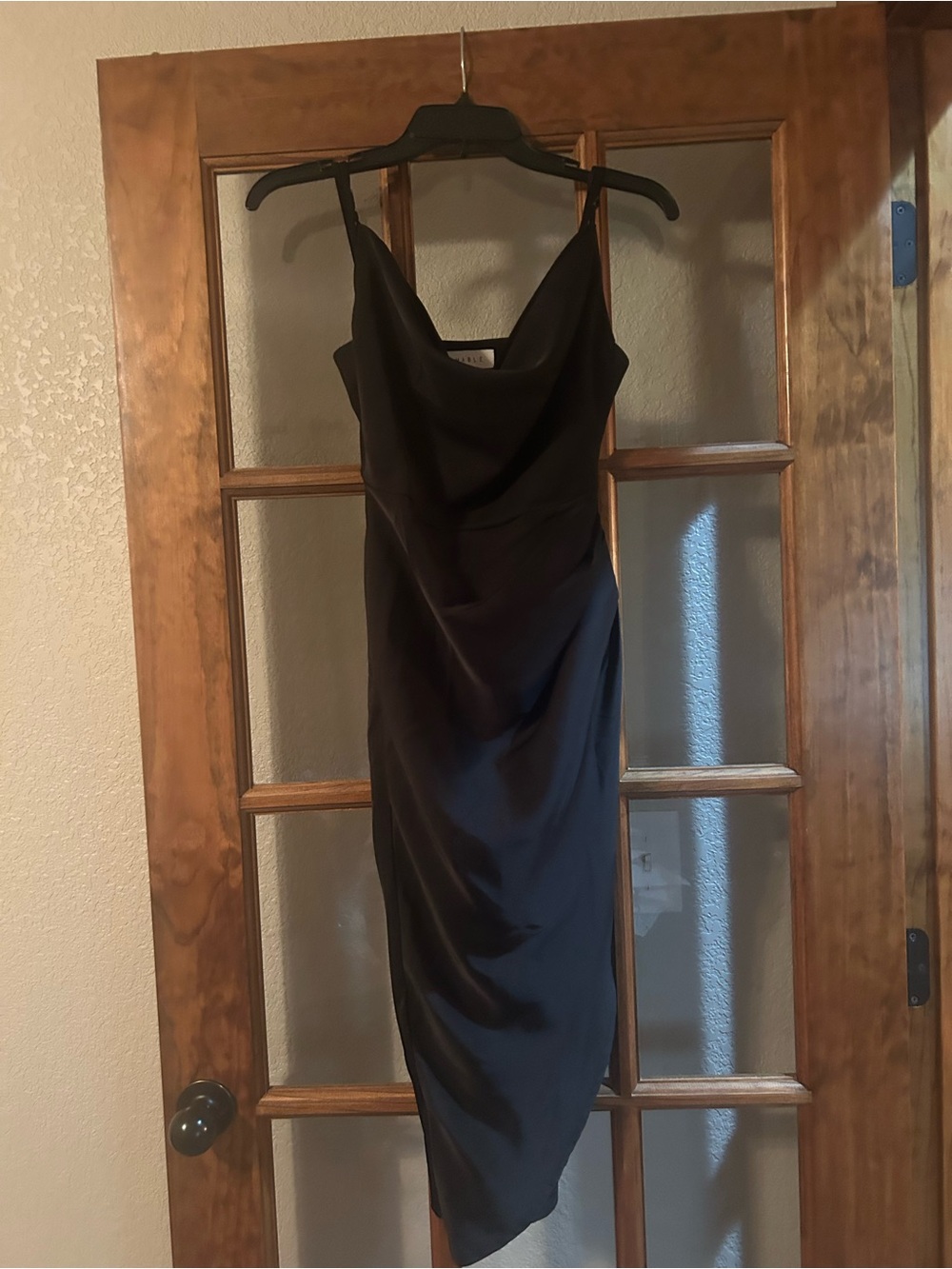 Satin Black Cowl-Neck Midi Slip Dress